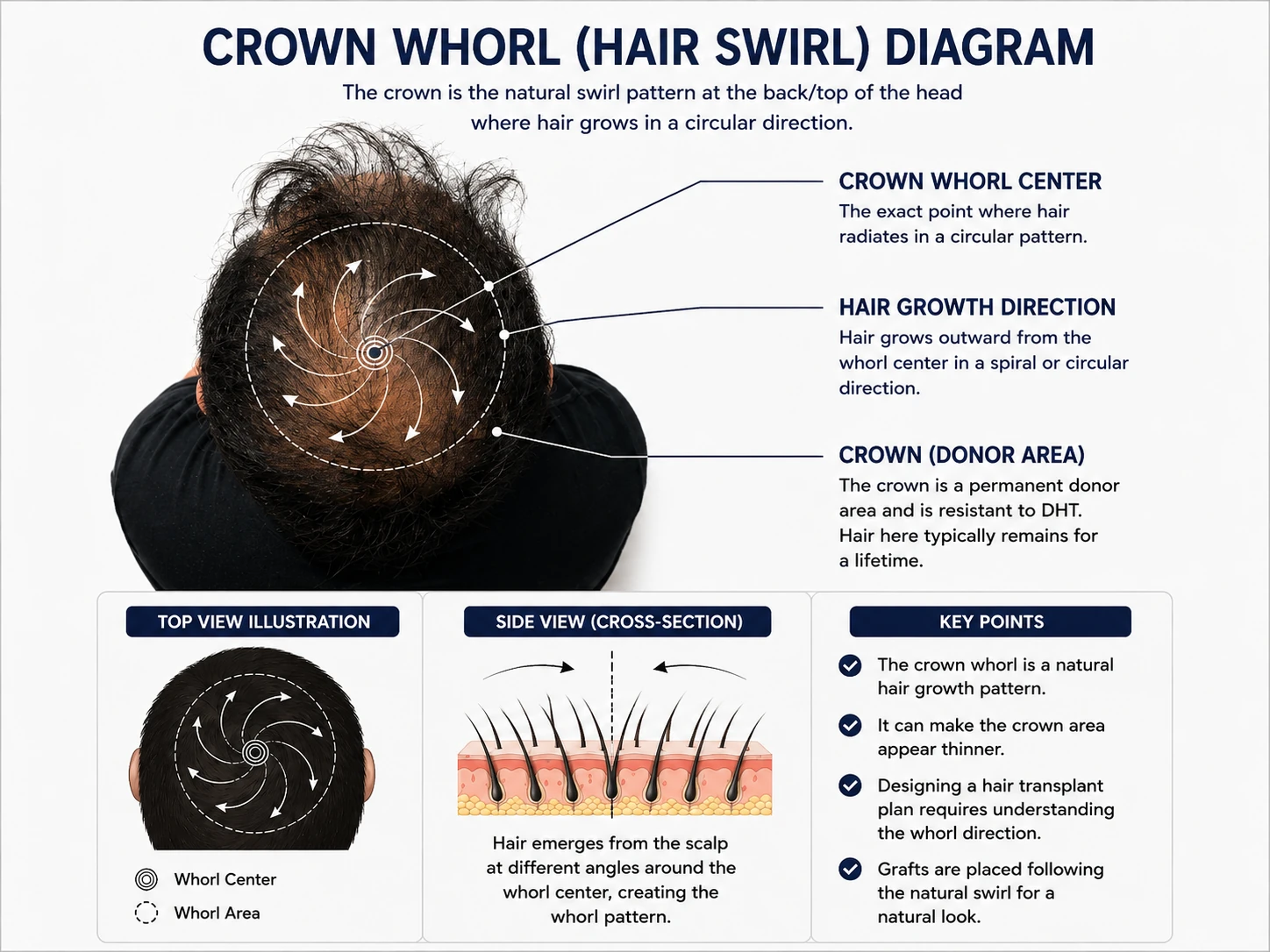 Top-down illustration of a male crown showing the natural spiral whorl pattern.