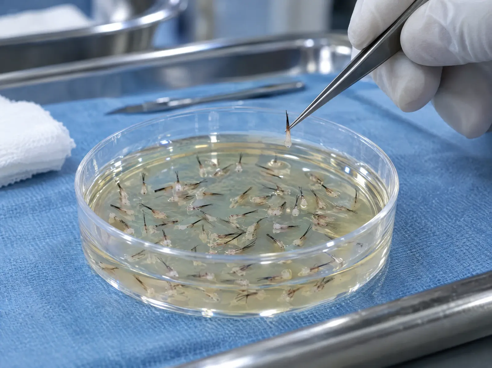 Hair grafts floating in preservation solution in a clear dish, one lifted with fine forceps
