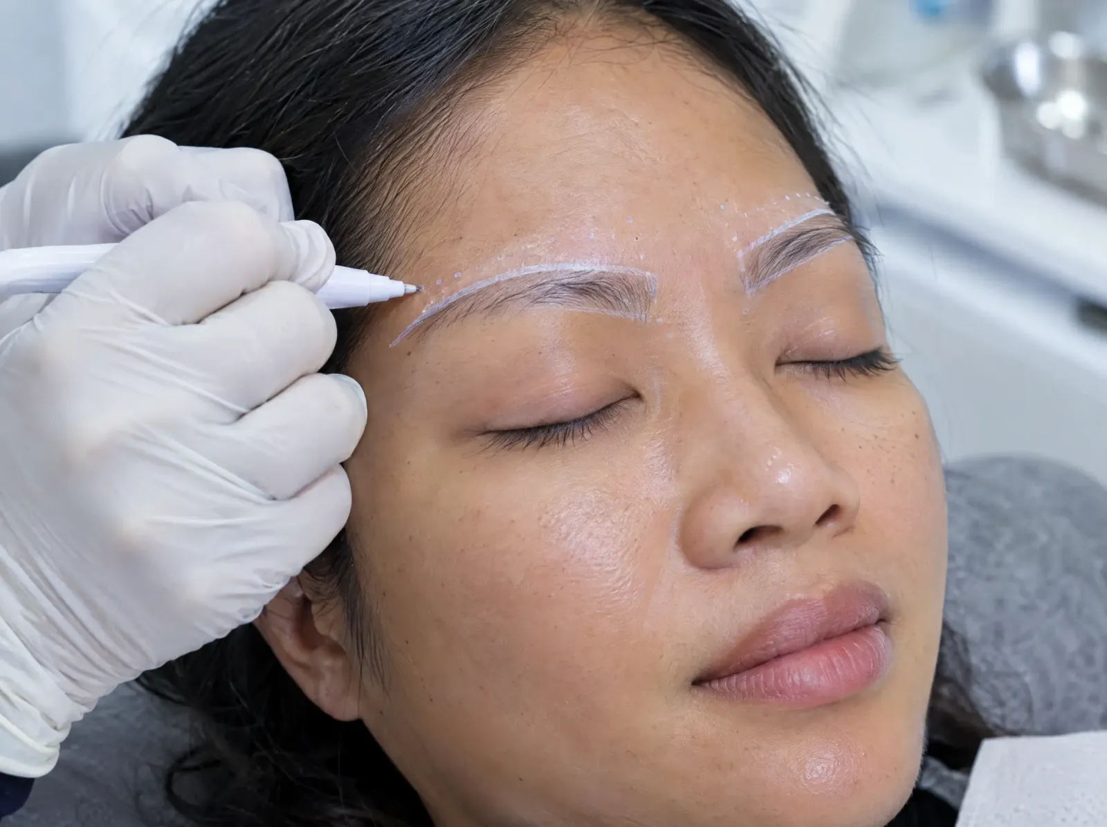 The new eyebrow shape being marked before an eyebrow restoration