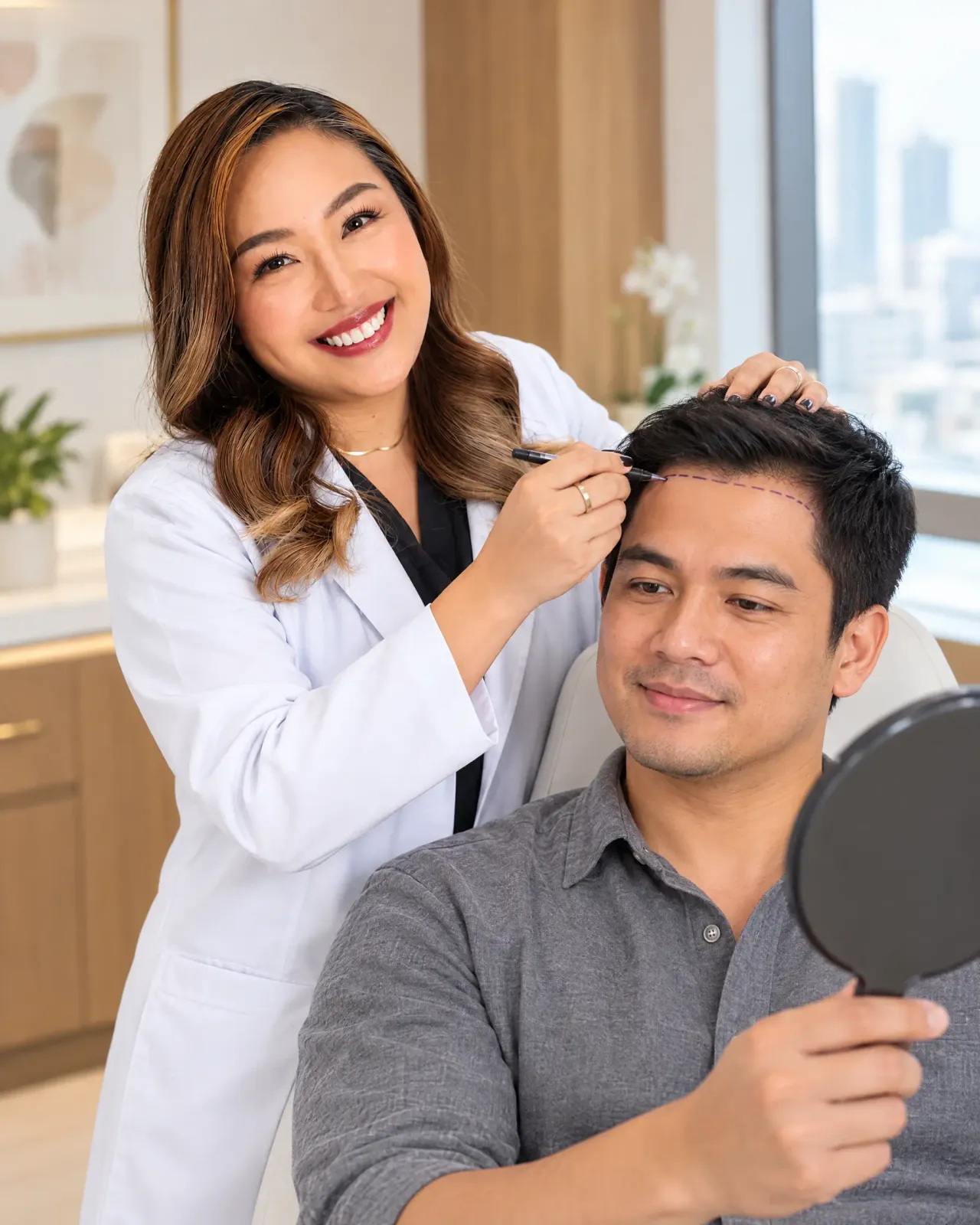 Dr. Queenie Santiago-Villadore planning a natural hairline with a male patient.