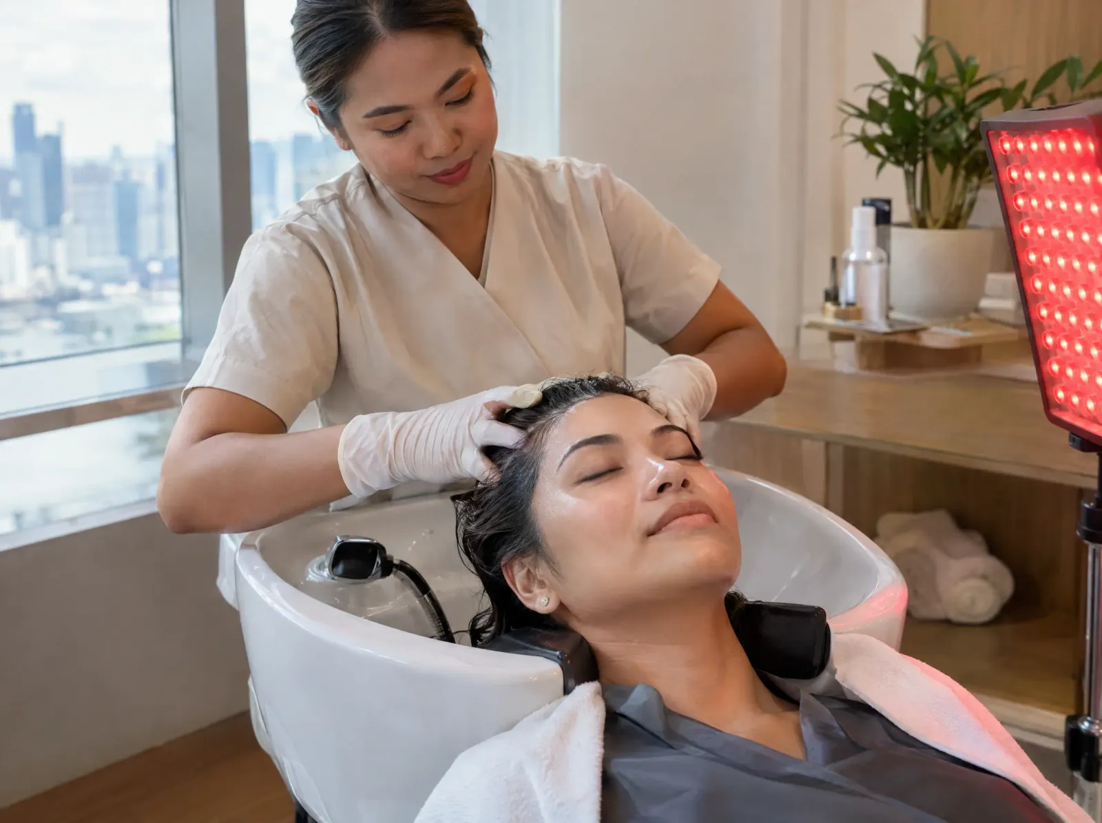 A scalp cleansing session with low-level light therapy